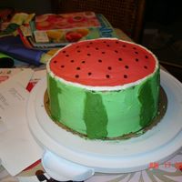 Watermelon Cake All buttercream watermelon cake. Seeds are mini chocolate chips.