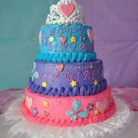 Dsc_0001_-_Copy.jpg Buttercream icing, fondant decoration. royal icing tiara. bottom cake cookies and cream, middle chocolate, top yellow cake.