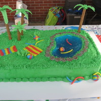 Pool Party I made this for my nephew's pool party. It is BC frosting with piping gel for the water. The trees are royal icing. The pool toys and...