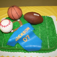 Sports Birthday Sports cake for 7 year old boy. BC frosting with rice crispie treat balls covered in gumpaste.