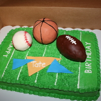 Sports Birthday Sports cake for boy turning 12. BC frosting, balls are rice crispie treats covered in gum paste.