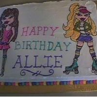 Bratz Cake Here is a Bratz cake that I did for my grandaughter. I copied the Bratz from a Bratz shoe box.