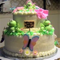 Froggie Baby Shower Cake Cake is classic white cake with 1/2 butter, 1/2 crisco buttercream. Flowers out of gumpaste, sign, frogs, blanket, butterflies, dragonflies...