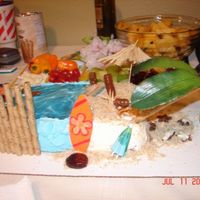 Luau Cake Two chocolate sheet cakes with vanilla buttercream. the water is melted jolly ranchers on top of blue buttercream. The bamboo is pirouette...