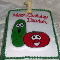 Veggie Tale B/C Transfer of Larry and Bob using a 13'9 pan made a marble cake for my son's first Birthday who just LOVESSSS Veggie tales.