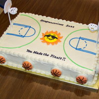 School Basketball Team Court Cake This was fun to do! Everything is edible except for the lollipop sticks. The hoop, backboard, sun, and writing are done in royal icing. The...
