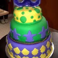 Mardi Gras Cake This was my first tiered cake with fondant. I was pretty happy with how it turned out. The mask on top is made out of fondant. I let it dry...