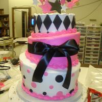 Pink & Black Topsy Turvy 3tier, done with buttercreme icing and fondant decorations