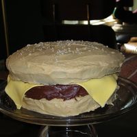 Hamburger Cake My son requested this cake for his birthday. It doesn't look that great but it was chocolate pound cake with peanut butter frosting so...