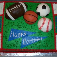 Sports Ball Cake All buttercream except the balls. Balls are molded with rice krispy treats and then covered with buttercream and then fondant. I used the...