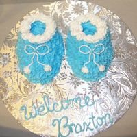 Baby Booties Cupcake sized chocolate baby booties using Wilton's mini egg pan. Buttercream icing.