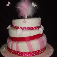 Charlotte 3 tier whimsy cake. All decoration fondant with jewelled feathers on top. Was given this cake design by the client.