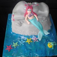 Ariel & Flounder Rock carved from 8" madeira sponge. All figures and coverings made from fondant. Sea made from Royal icing.