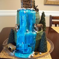 Forest Cake Forest themed cake with waterfall. Icing is buttercream. Waterfall, sign and rocks are fondant. Tree are sugar cones with buttercream. I...