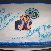 Retirement Cake 1/2 sheet cake. 1/2 choc and 1/2 white with vanilla buttercream. The customer was retiring and planned on doing nothing but fishing. I used...