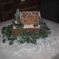 Winter Hunting Lodge groom's chocolate cake, mountain, trees, 4 wheeler, dog, truck, hunting, logcabin, winter theme, snow