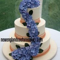 Hydrangeas Buttercream frosting with fondant bands of ribbon and gumpaste hydrangeas. Thanks for looking