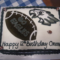 Eagles Birthday Cake Eagles logo was cut from fondant and outlined with buttercream frosting. I bought the football candles at hobby lobby. Thanks for looking