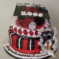 Rutger's College Grad Cake The cake is a 3 tier topsy-turvy style all white cake with whipped cream frosting and fresh strawberries. Covered in airbrushed mmf with...