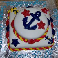 Coast Guard The cake is covered in fondant, the ropes are fondant. The stars and anchors are chocolate molds.