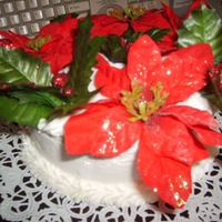 Christmas Cake. This cake was vanilla soaked in frangelico. The frosting was orange and almond extract. The flowers were made out of fondant.