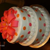 Hpim0906.jpg This cake was for a bridal shower. They asked for pink, orange and dots. I messed up- I forgot about the icing showing in my bow. I tried...