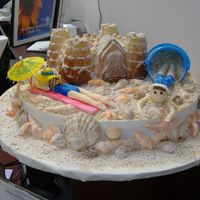 Sandcastle Cake Sandcastle cake is pound cake. Beach cake is white, both with buttercream frosting. People are made from fondant. Girl is readingBride'...
