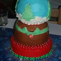 Snowglobe My first attempt at a snow globe. I used the round ball pan for the top and fondant for the trees and bow.