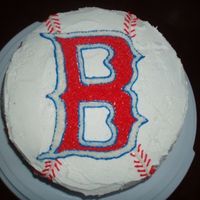 Red Sox Cake Cake is decorated with buttercream frosting. The stitching continues down the side. Players numbers are also on the sides of the cake.