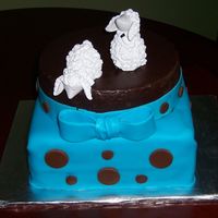 Baby Shower Cake Bottom cake is square white cake with buttercream frosting and covered in fondant, top cake is white cake with ganache frosting and fondant...