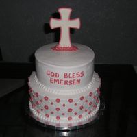 Christening Cake WASC with strawberry and buttercream filling. Buttercream icing with MMF accents.