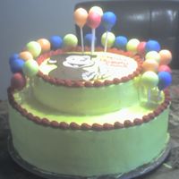 Curious George cake frosted with bc. Made balloons with fondant. Made curious georrge out of chocolate.