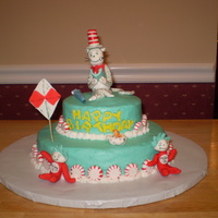 Cat In The Hat Dr Suess's Birthday two layer vanilla cake with strawberry cream filling and vanilla butter cream icingFondant accents and figures. Made for my Grandson's...