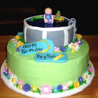 Pool Party Cake 10" round cake with buttercream icing, fondant decorations, pool is rice crispy treat covered in fondant