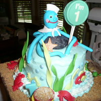 Under The Sea Cake 7 " yellow cake with buttercream frosting and gum paste and fondant sea creatures / chocolate bucket and sucker