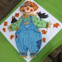 Scarecrow Used a large sheet cake pan and carved out design for body. Use half ball pan for head. The crows are made with rice crispy treats. All was...