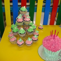 Giant Cupcake made for my daughter's 6th birthday. chocolate cupcakes with buttercream icing and fondant and white chocolate topper. madeira cake...