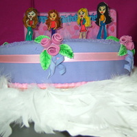 Bratz Chocolate cake with rolled fondant. Bratz figures are hand painted cut outs.
