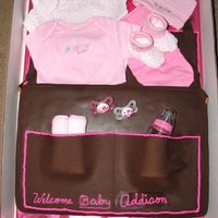 Diaper Bag Sheet cake covered with chocolate Fondant.All baby items are real so mom could keep.