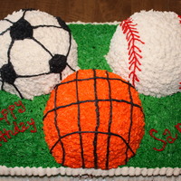 Sports Ball Cake Cake I made for a child's 2nd birthday. Used the small sports ball pan for the balls. All buttercream icing.