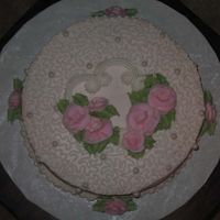 Miller Bday Cake, Top View French Vanilla with strawberry filling, buttercream icing with edible luster dusted pearls