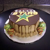Dallas Stars Cake! 8 inch round iced in chocolate buttercream filled and topped with chocolate ganache. Logo is fondant. White chocolate dipped strawberries...