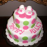 Baby Shower Cake Fondant covered white cake w/ cream cheese filling. Hot pink and lime green polka dots are fondant and booties are fondant/gumpaste mix....