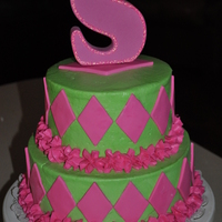 My Niece's 9Th Birthday Cake 6'' and 8'' covered in buttercream w/ fondant accents. The letter I bought from Michael's and added the glitter....