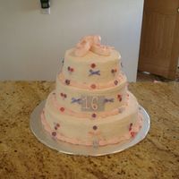 Dsc00624.jpg 3 tier sweet 16 Birthday cake. 1st tier is van cake with hazelnut gnache, 2nd tier is choc. cakewith strawberry filling 3rd tier is van....