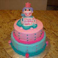 Abby Cadabby Birthday Cake Abby Cadabby atop two, stacked four layer cakes. Abby is made of fondont and butter cream cakes are iced in buttercream