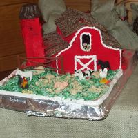 Barn Cake Three marble pound cakes, stacked. Red/White Buttercream, black gel. Chocolate Graham Cracker Roof. Silo is oreo's stacked w/...