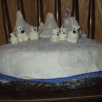 Polar Bear Cake Funfetti Cake, mint oreo filling, white buttercream, white mmf with silver pearl dust for mountains and turf, white mmf and black fondant...