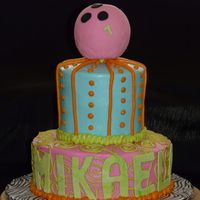 Cosmic Bowling Ball Cake This was for a cosmic bowling party. Top tier is 3 layers of vanilla cake, bottom tier is "zebra cake" with vanilla batter tinted...