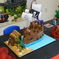 Pirate Ship And Treasure Chest pirate ship and treasure chest made out of vanilla cake and chocolate buttercream icing. Ship has chocolate candy and chocolate twizzler...